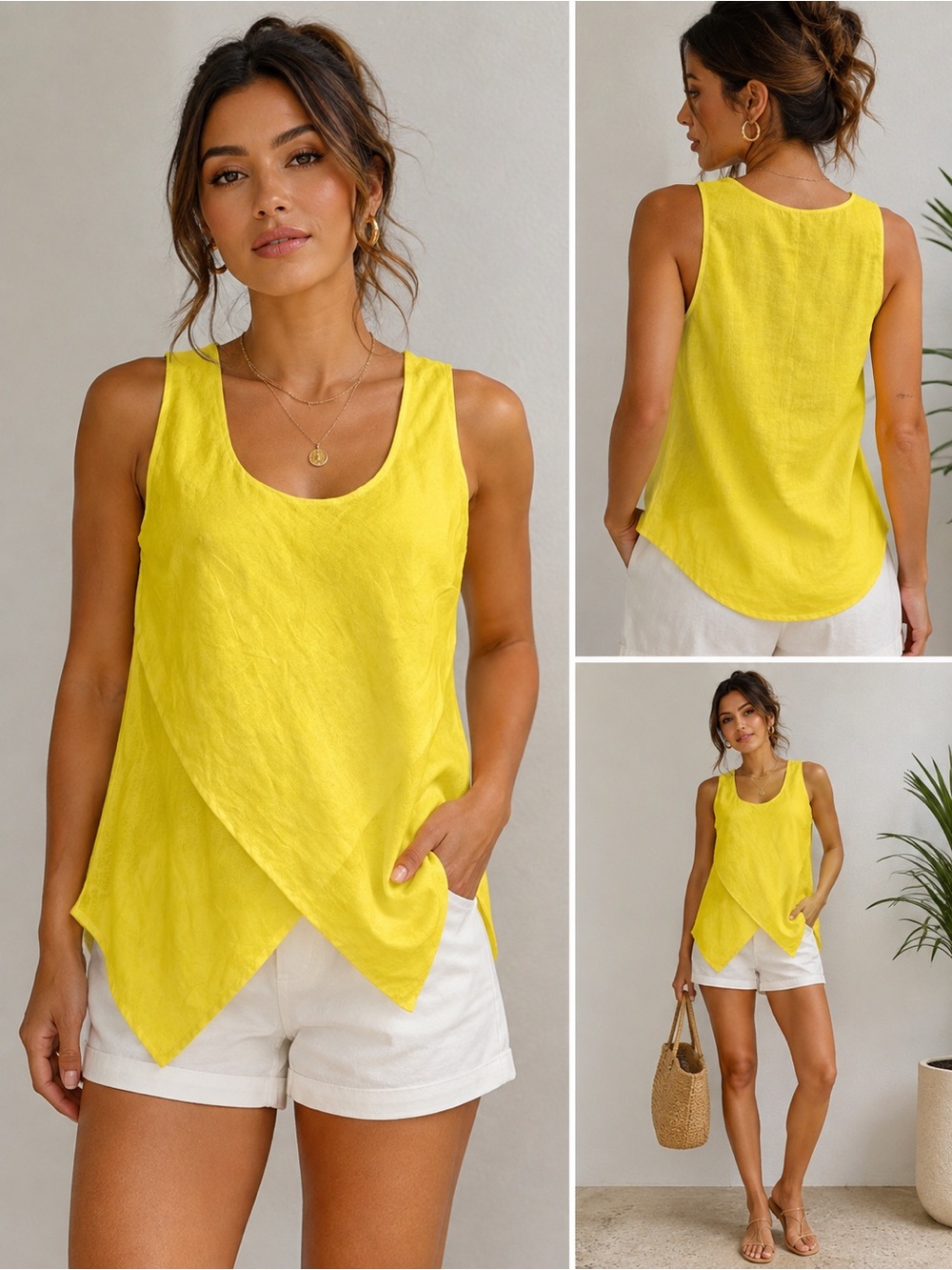 LUISA MADE IN ITALY 100% linen Yellow Sleeveless Cross-Hem Tank Top